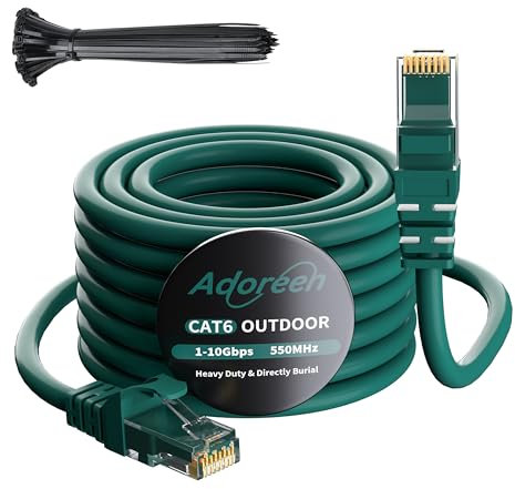 Adoreen Cable Ethernet Cat 6 para exteriores de 40 pies, color verde, cable de red de Internet largo de alta velocidad para cámara POE Cat 5 5e RJ45 LAN, cable de conexión LAN, resistente al agua,