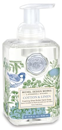 MICHEL DESIGN WORKS 0 Foaming Hand Soap 17.8oz, Cotton & Linen Scent and Design, Shea Butter and Aloe Vera Blend, Beautiful Square Container with Pump