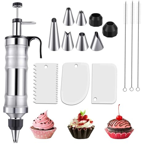 Icing Piping Kits,Stainless Steel Cake Decorating Syringe Set with 6 Piping Nozzles & 3 Cream Scrapers,15-Piece Professional Baking Tools for Cupcakes,Cookies & Pastries -Silver