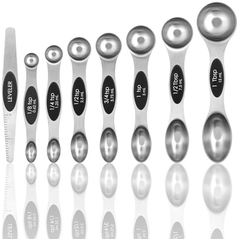 Magnetic Measuring Spoons Set of 8 with Leveler, Stainless Steel Metal Measuring Spoon, Dual Sided for Measuring Dry and Liquid Ingredients, Teaspoon Tablespoon Measure Spoons (Black)