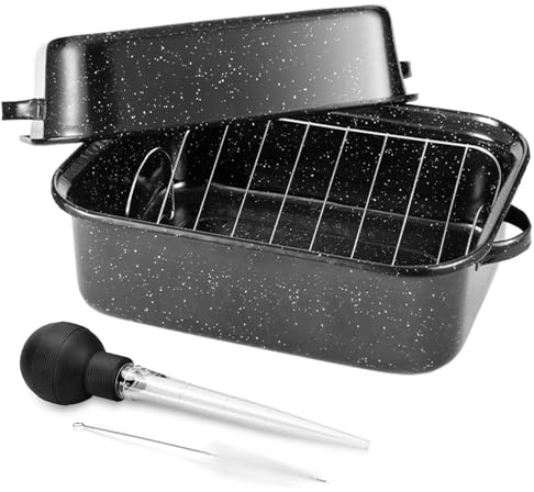 21Inch Roasting Pan, Extra Large Rectangle Roasting Pan with Rack, 25lb Capacity, Large Roaster pan for Baking Turkey, V-Rack and Versatile Lid Bone Turkey Baster by DIMESHY