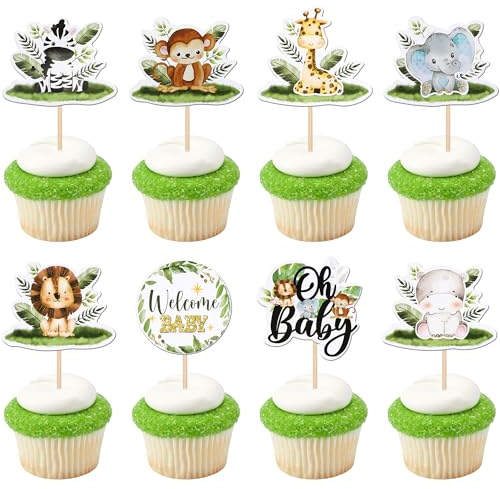 Xsstarmi 40 Packung Cupcake-Topper mit Safaritieren „Oh Baby“ Cupcake-Picker mit Dschungeltieren Elefant Giraffe Löwe Nilpferd Affe Zebra Kuchendekoration für Babyparty wilde Geburtstagsparty