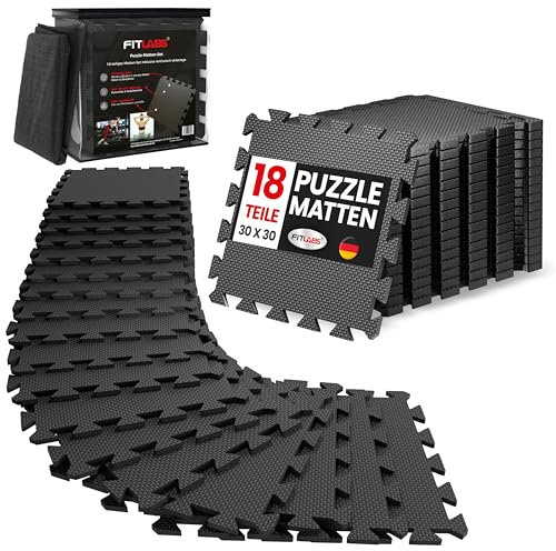FITLABS® Tappetino di protezione per il pavimento, antiscivolo, 18 tappetini, 30 x 30 x 1 cm, con tappetino antiscivolo e tasca con zip, ideale come tappetino da ginnastica e palestra