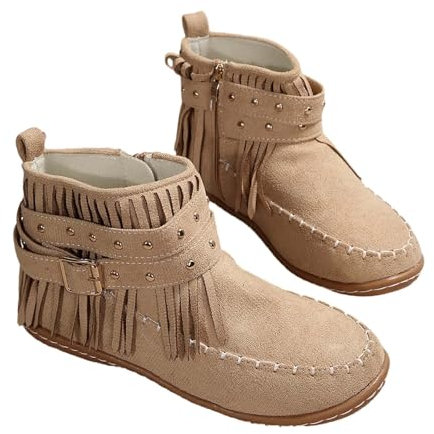 liaddkv Damen Winter Stiefeletten Elegant, Ankle Boots Mit Fransen Flacher Absatz Westernstiefel Kurzschaft Winterstiefel Teenager-Mädchen Knöchelschuhe Rutschsicher Schneestiefel Schlupfstiefel