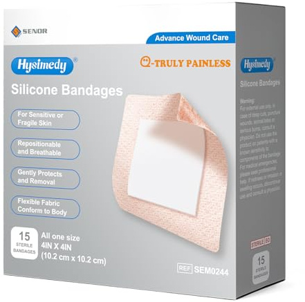 Hysimedy Silicone Adhesive Bandages Extra Large Sizes for Sensitive Fragile Skin 4x4 15 Count Flexible Fabric Latex Free Hypoallergenic Breathable XL Bandages for Adhesive Allergy Wounds