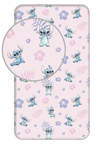 Disney Lilo & Stitch dra-på-lakan, lakan, dra-på-lakan med blommor, 90 x 200 + 25 cm, 100 % bomull