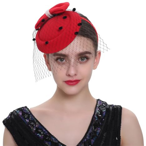 OWEIEYEU Damen-Fascinator-Hut, 20er- und 50er-Jahre-Stil, Vintage-Pillbox-Hut, Derby-Fascinator, Teeparty, Kopfbedeckung mit Schleier, rot, Einheitsgröße