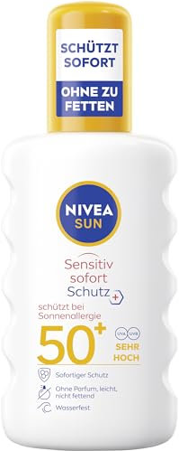 NIVEA SUN Sensitiv Sofort Schutz Sonnenspray LSF 50+, Sonnenmilch mit LSF 50+ für empfindliche Haut, wasserfester & duftfreier Sonnenschutz bei Sonnenallergie (200 ml)