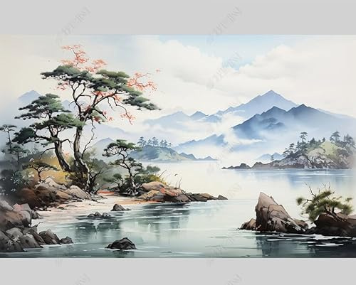 MZOwallpaper Papier Peint Intissé Encre De Chine Paysage Naturel Poster Tableaux Muraux Tapisserie Photo Trompe L'Oeil Salon Chambre Art Mural 200Cm(L) X140Cm(H)