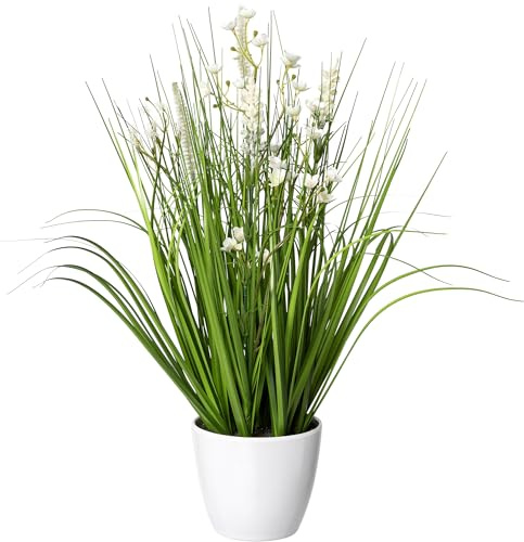 CREATIV green künstlicher Blüten-Gras-Mix im Topf 46cm I künstliches Dekogras mit weißen Blüten als Frühlingsdeko I Ziergras Osterdeko I hochwertige & dekorative Kunstgräser