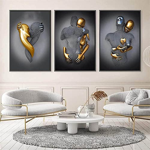 ARDZLALS 3 Stück Liebe Herz 3D-Effekt Wandkunst mit Holzrahmen, Abstrakte Metallfigur Skulptur Deko, Bild Leinwand Kunst Wand, Liebesherz 3D Effekt, Paare, Metallkunst Set(A,20 * 30cm)