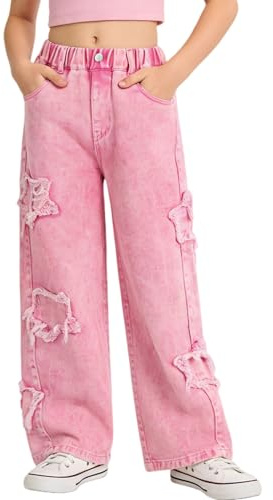 Rolanko Jeans Baggy pour Filles Pantalon en Denim Patchwork à Taille Élastiquée, Étoile Rose, Taille: 8-9 Ans/140