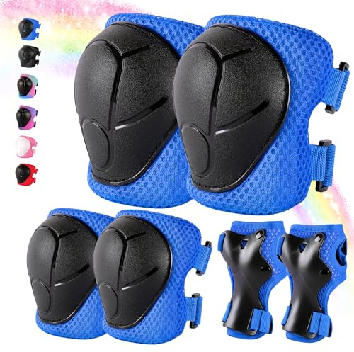 Knieschoner Kinder 3-14 Jahre,6-TLG.mit Ellbogen- und Handgelenkschutz passend für Jungen und Mädchen,Kinder Knieschoner Set für Inliner Skates Scooter Fahrrad Rollschuhe (Blau, M)