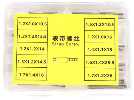 PreciseFix Watch Strap Screw Set, 50-Pack 10-Size Metal Watch Repair Kit | A 50-piece watch strap screw set in 10 graded sizes with a compartment storage box for watch repair and maintenance.