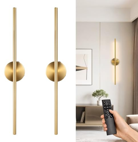 Coolilumi Rechargable Wall Sconce Set of Two, Modern Wireless Brass Wall Light Sconce with Remote, 28.35Inch Dimmable Indoor Home Wall Decor Lights for Bedroom, Living Room, Hallway (Bronze/Round)