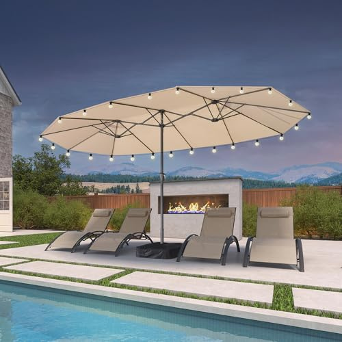 PURPLE LEAF Sombrilla de jardín exterior 455 x 270 cm de aluminio, gran sombrilla doble con LED y pie, para terraza, jardín, balcón y piscina, beige, Modèle avec Lumières