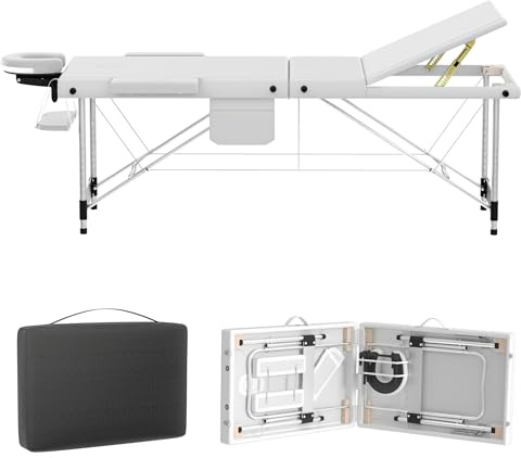 UISEBRT Massageliege aus Aluminium klappbar und höhenverstellbar mit 3 Zonen, 230 kg Traglast, 8,5 cm Schaumstoffpolsterung, inklusive Tragetasche, Kopfstütze und Seitenarmlehnen (Weiß)