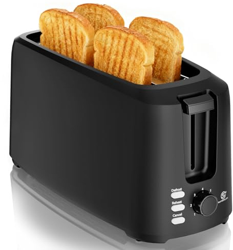 SUPERLEX 4 Slice Long Slot Toaster 1450W Extra Wide Toaster with 7 Browning Settings, Reheat, Defrost & Cancel Functions, Removable Crumb Tray for Artisan Bread, Baguettes & Thick Slices, Black