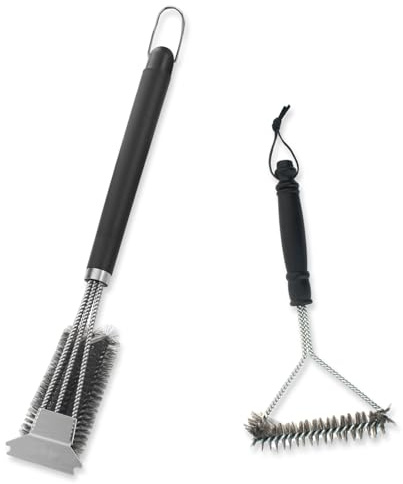 Lsydgn Lot de 2 brosses de nettoyage pour grille en fonte, en acier inoxydable, 39 cm, avec poignée en bois, pour barbecue à gaz, au charbon de bois, barbecue sphérique, barbecue électrique, grille de