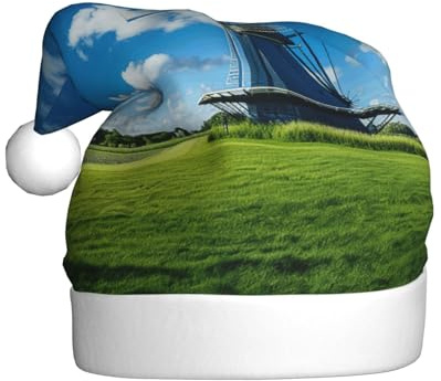 DUWAA Windmill Blue Print Soft Plush Santa Hat Adult, Xmas Party Hat With Pom,For Christmas New Year Festive Party