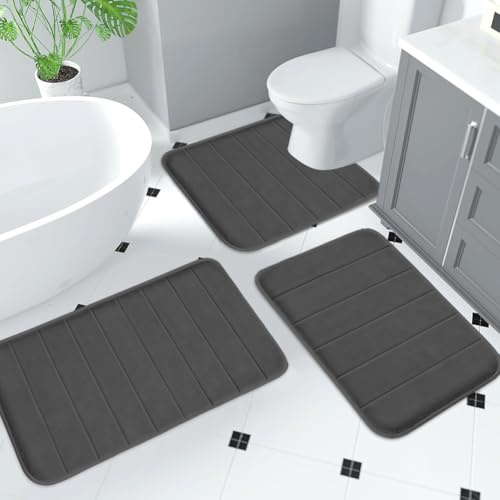 Badezimmerteppich Set 3-teilig, Badvorleger rutschfest, Badematten-Set für das Badezimmer, rutschfest Waschbar, Badezimmer-Teppich, Bad-Vorleger, für Dusche, Badewanne&WC, Badematte Sets (Dunkelgrau)