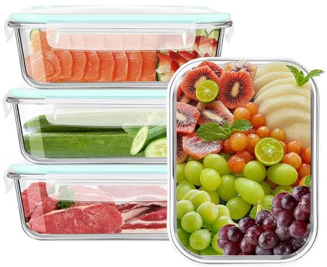 Gcirn Glass Food Storage Containers with Lids of 1040ML*4, BPA-Free Meal Prep Containers,Glass Lunch Box，Food Containers with Blue Lids