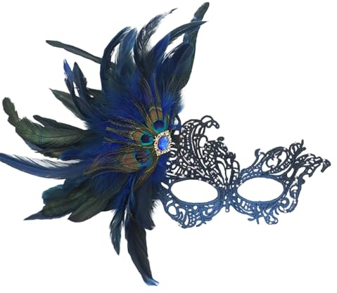 Generisch JewelryWe Venezianische Maske für Damen Spitze Maskenball Augenmaske mit Pfauenfedern und Strass Gothic Halbmaske Kostüm Accessoire Karneval Party Hochzeit Cosplay Fasching