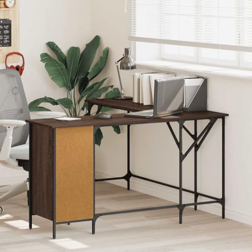Owoxanthellate Eckschreibtisch 141x141x75 cm Braun Eiche Massiver Metallrahmen L-Form mit Stauraum & Höhenverstellbaren Beinen Modernes Design für Home Office Gaming Büro Küche