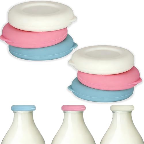 Xiciki 6 Pcs Reusable Silicone Milk Bottle Tops, Airtight Glass Milk Bottle Lids - Perfect Fit for Standard UK One Pint Glass Milk Bottles, Dishwasher Safe & Leakproof