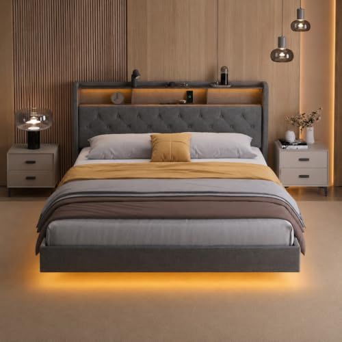 Xbro Letto 140x200 con LED e Prese USB, Letto Matrimoniale Salvaspazio con Ricarica Integrata e Testiera Imbottita con Ripiano, Struttura in Metallo con Rete a Doghe, Design Moderno, Grigio Scuro