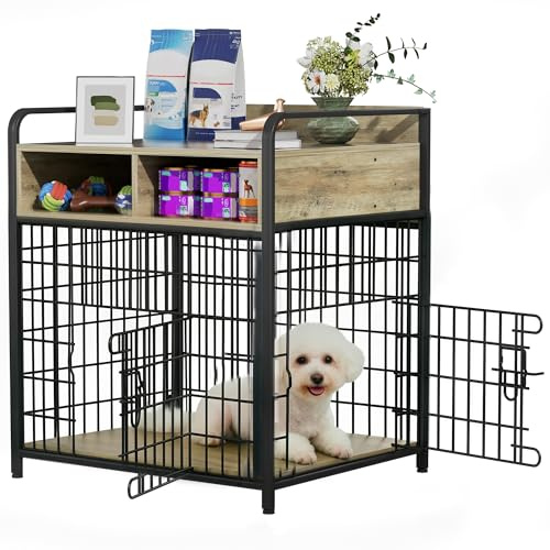 Chartyou Medium Dog Crate Furniture with Storage Drawers | 70×52×80cm Indoor Wooden Pet Kennel & Side Table | Metal and Wood Dog Cage, Grey