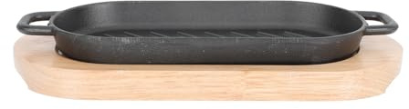 KOMBIUDA Plat de Steak en Fonte Rectangulaire Plateau en Bois, Poêle Grillade Noire pour Barbecue, Maintien Chaleur et Protection Table, pour Cuisiner en Famille