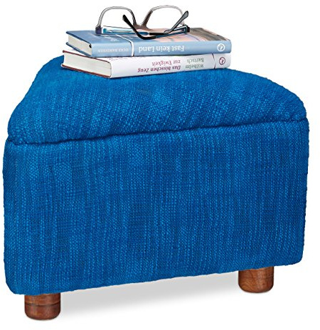 Relaxdays Fußhocker gepolstert aus Baumwolle, kleiner Hocker mit Polster f. Sofa, dreieckiger Pouf mit Holzbeine, blau
