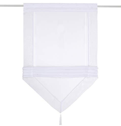 Raffrollo mit Quaste Dreieck Raffgardine Voile Transparent Tunnelzug Vorhang (BxH 60x140cm, Weiß)