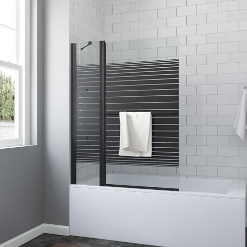 AQUABATOS Duschabtrennung Badewanne mit Handtuchhalter schwarz 110 x 140 cm Badewannenaufsatz 2 Teilig Duschtrennwand Faltwand Badewannenfaltwand Dusche Festteil Eckregale Duschablage 5 mm ESG NANO