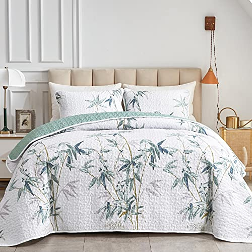 Botanical Quilt Set 3 Pieces King Size, Green Leaves Printed on White Reversible Bedspread Coverlet Set, Soft Microfiber Lightweight Bed Cover for All Season (102 x 90, 1 Quilt+ 2 Pillow Shams)