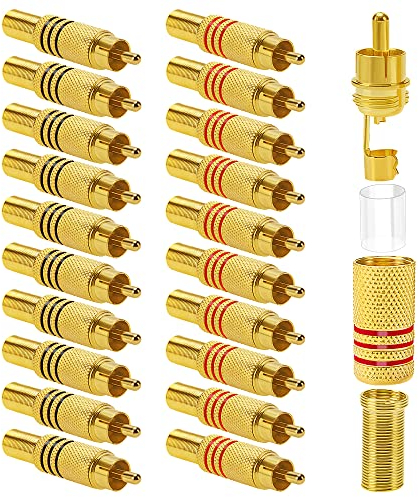 KUOQIY 20 Piezas Conector de Audio Video Enchufe RCA Dorado, Enchufe RCA Tipo Soldadura, para Multimedia y CCTV (10 Negro + 10 Rojo)