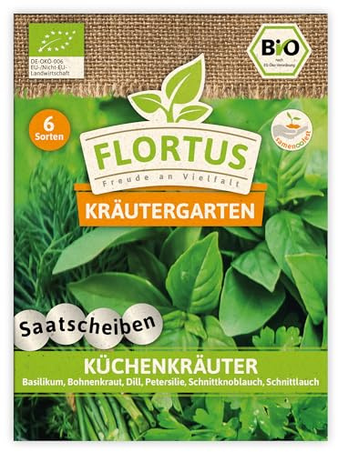 FLORTUS Küchenkräuter BIO Saatscheiben | 6 Sorten | BIO Kräutersamen Saatscheiben | BIO Kräuter Samen Mix | Kräutersamen für Basilikum, Bohnenkraut, Dill, Petersilie, Schnittknoblauch, Schnittlauch