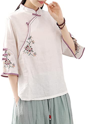 YM YOUMU Blusa floral con bordado chino para mujer, manga 3/4, camisa étnica con botón de rana, blanco, L
