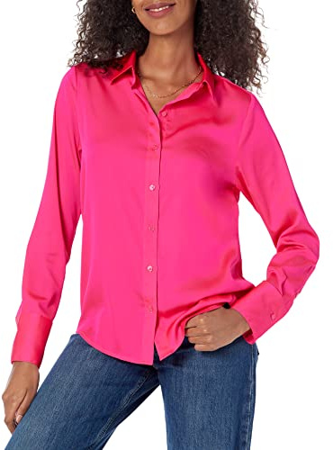 Amazon Essentials Women's Regular-Fit Long Sleeve Satin Button Down Blouse, Dressy Collared Shirt, Neon Pink, Large