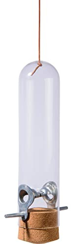 dobar® Premium Design Vogelfuttersäule Echtglas-Pickbar - Futterspender zum Hängen - Wildvogelfutterautomat mit Lederkordel - Futterstation für Wildvögel - Ø 9 x 33 cm - Transparent