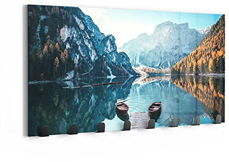 DEQORI Wandgarderobe Glas & Metall | Motiv Blick auf Lago di Braies | 60x30 cm | Design Haken-Leiste modern | Garderoben-Paneel für Flur, Wohnzimmer & Schlafzimmer | magnetisch & beschreibbar