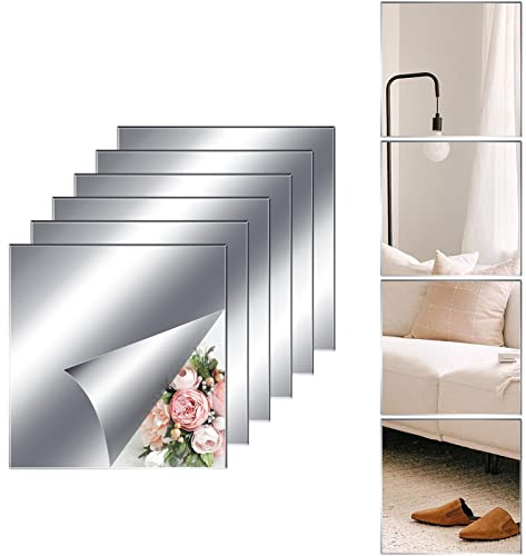 JMITHA Selbstklebende Fliesenspiegel 6 Stück 30x30cm Spiegelfliesen Selbstklebend 2mm HD DIY Acrylic Wandspiegel Klebespiegel Wanddekoration Spiegel Zum Aufkleben Klebespiegel für die Wand