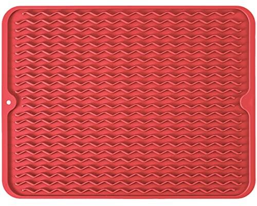Silicone Dish Drying Mat, Non-Slip Easy Clean Sink Mat, Red, 16 x 12 | Quick-Dry Ridges, Large Heat-resistant Dish Drainer Mat for Kitchen Counter, Hangable & Roll-Up for Storage, Dishwasher Safe