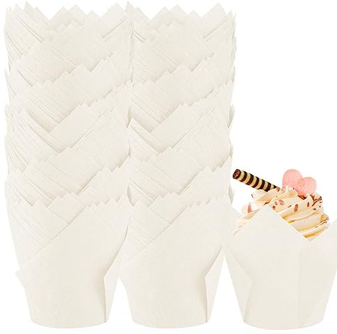 Confezione da 200 pirottini per cupcake a forma di tulipano, perfetti per feste di compleanno, matrimoni, baby shower, catering, ristoranti (bianco)
