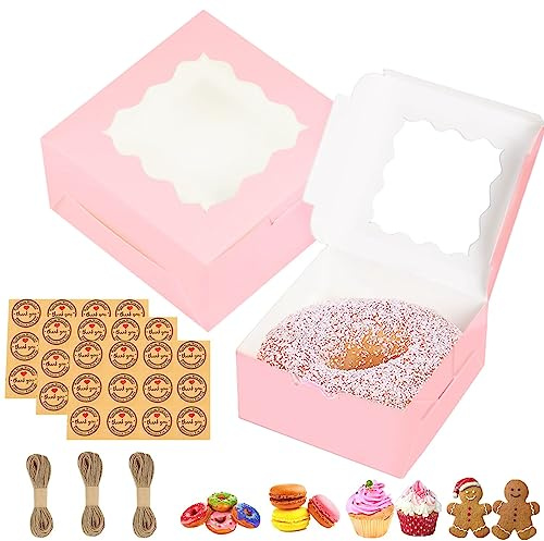 GUIFIER 30 PCS Bakery Boxes with Window 6x6x3 Inches, 6 Inch Cake Boxes, Paper Cookie Boxes, Small Pie Boxes, Treat Gift Boxes for Strawberry, Cupcake, Pastry, Donuts, Dessert, Brownie (Pink)