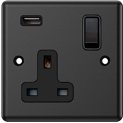 Matt Black 1 Gang Socket w/USB Charging Port Black Insert Plastic Rocker Switch -13 Amp Single Plug Socket & USB Power Outlet