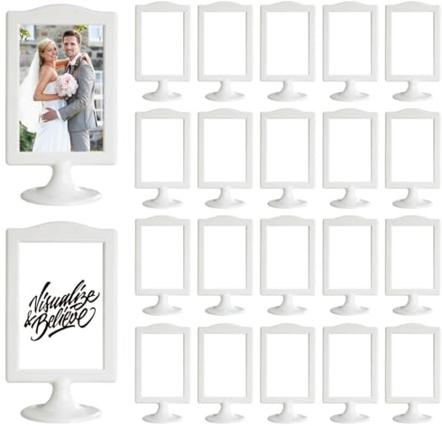 Voittozege 20 Pack Double Sided Standing Picture Frames 4 x 6, 2 Sides Pedestal Photo Frame with Inserts and Base,White Picture Frame Bulk Plastic Vertical Photo Frames for Tables,Wedding,Classroom
