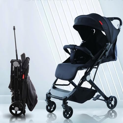 BAKAJI Passeggino Easy Ultra Leggero con Chiusura Facilitata Portata Massima 15 kg, Schienale Reclinabile con Cintura di Sicurezza a 5 Punti, Pieghevole con Una Mano, Salvaspazio (Nero)