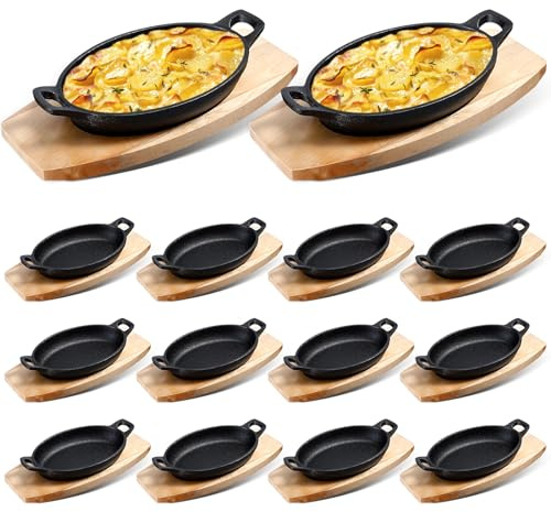 Mifoci Gusseisen-Pfanne mit Holzboden, Mini-Gusseisen-Fajita-Teller, Bäckerpfanne, mattschwarz, kleine Pfanne für Küche, Restaurant, Grill, Abendessen (21,6 x 12,9 x 4,1 cm)